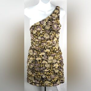 NWT Zara Mini Gauzy Dress Gold Floral Layered One Shoulder Ruched Boho Hippie​
